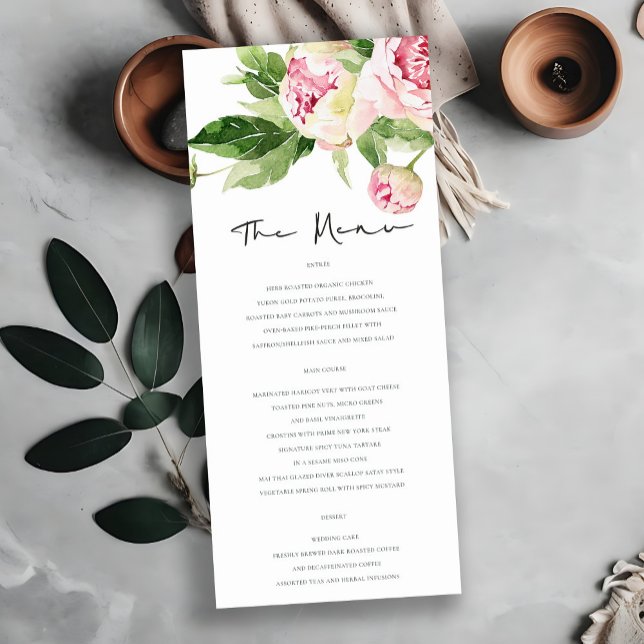 SOFT BLUSH GREEN PEONY FLORAL WATERCOLOR WEDDING MENU (Creator Uploaded)