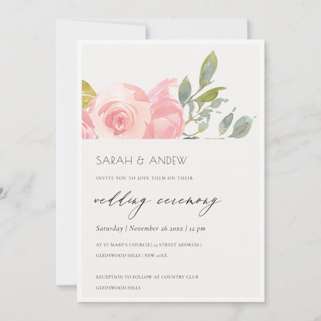 Soft Blush Green Watercolor Floral Wedding Invite (Front)