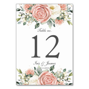 Soft Blush Ivory Floral Rose Wedding Bridal Shower Table Number