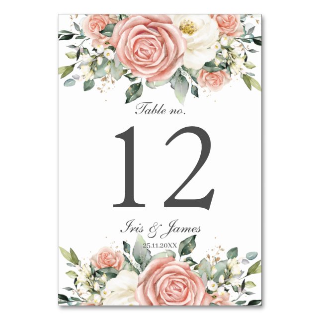 Soft Blush Ivory Floral Rose Wedding Bridal Shower Table Number (Front)