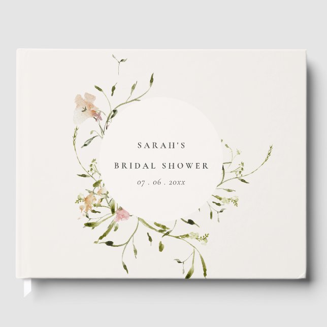 Soft Blush Meadow Floral Wreath Bridal Shower Guest Book (Front)