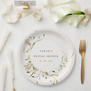 Soft Blush Meadow Floral Wreath Bridal Shower Paper Plate