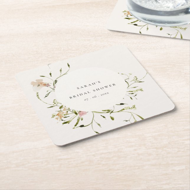 Soft Blush Meadow Floral Wreath Bridal Shower Square Paper Coaster (Angled)