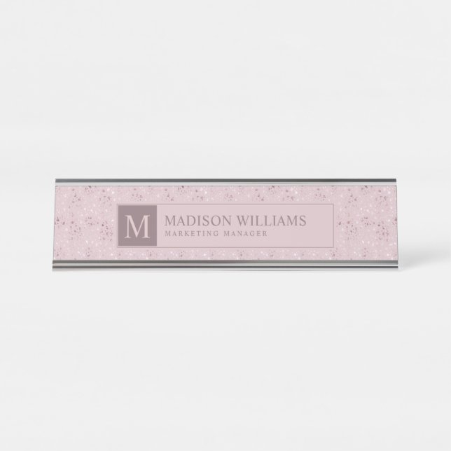 Soft Blush Pastel Pink Gold Dots Glitter Pattern Desk Name Plate (Front)