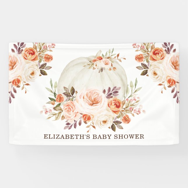 Soft Blush Peach Fall Floral Pumpkin Baby Shower Banner (Horizontal)