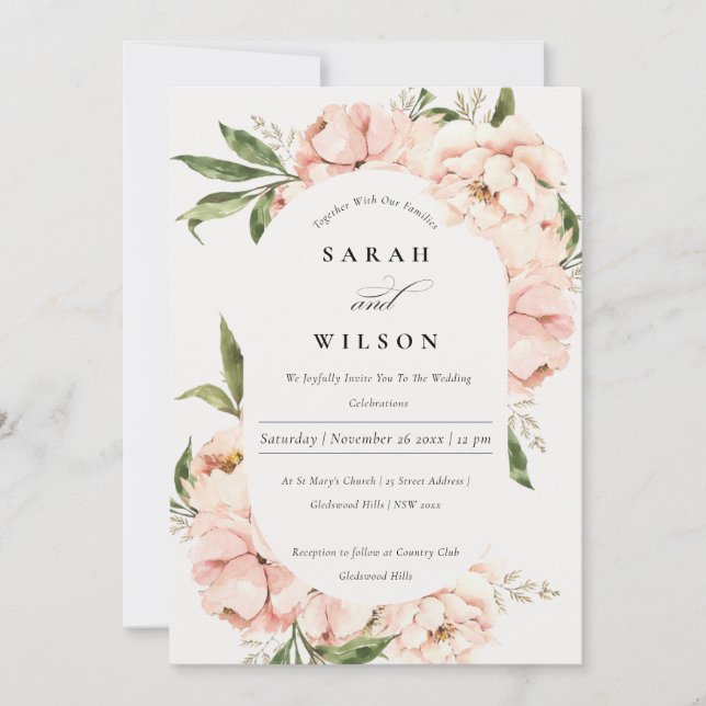 Soft Blush Peach Floral Capsule Wedding Invite (Front)