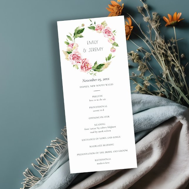 SOFT BLUSH PEONY FLORAL WEDDING CEREMONY PROGRAM MENU (Creator Uploaded)