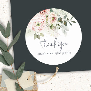 Soft Blush Peony Leafy Botanical Floral Thank You Classic Round Sticker