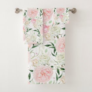 Soft Blush Peony & Rose Watercolor Floral Pattern Bath Towel Set