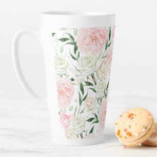 Soft Blush Peony & Rose Watercolor Floral Pattern Latte Mug
