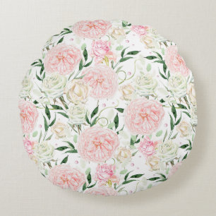 Soft Blush Peony & Rose Watercolor Floral Pattern Round Cushion