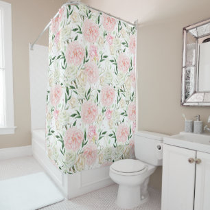 Soft Blush Peony & Rose Watercolor Floral Pattern Shower Curtain