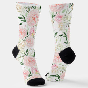 Soft Blush Peony & Rose Watercolor Floral Pattern Socks
