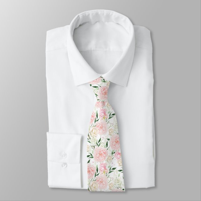 Soft Blush Peony & Rose Watercolor Floral Pattern Tie (Tied)