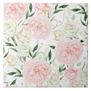 Soft Blush Peony & Rose Watercolor Floral Pattern Tile