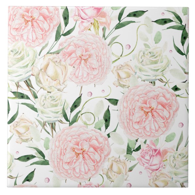 Soft Blush Peony & Rose Watercolor Floral Pattern Tile (Front)