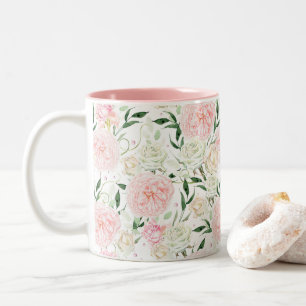Soft Blush Peony & Rose Watercolor Floral Pattern Two-Tone Coffee Mug