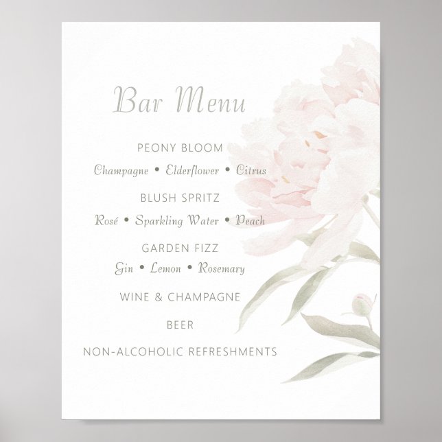 Soft Blush Peony Wedding Bar Menu  Poster (Front)