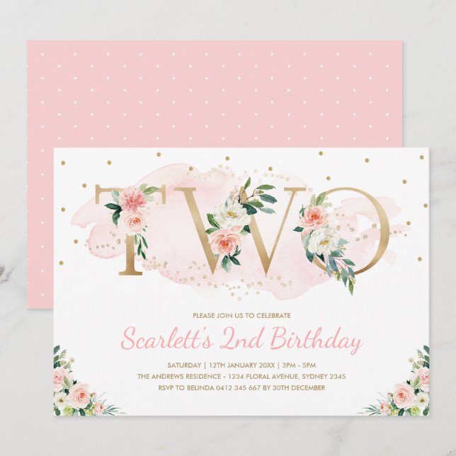 Soft Blush Pink and Gold Floral 2nd Birthday Invitation (Front/Back)