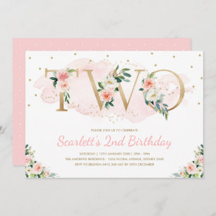 Soft Blush Pink and Gold Floral 2nd Birthday Invitation