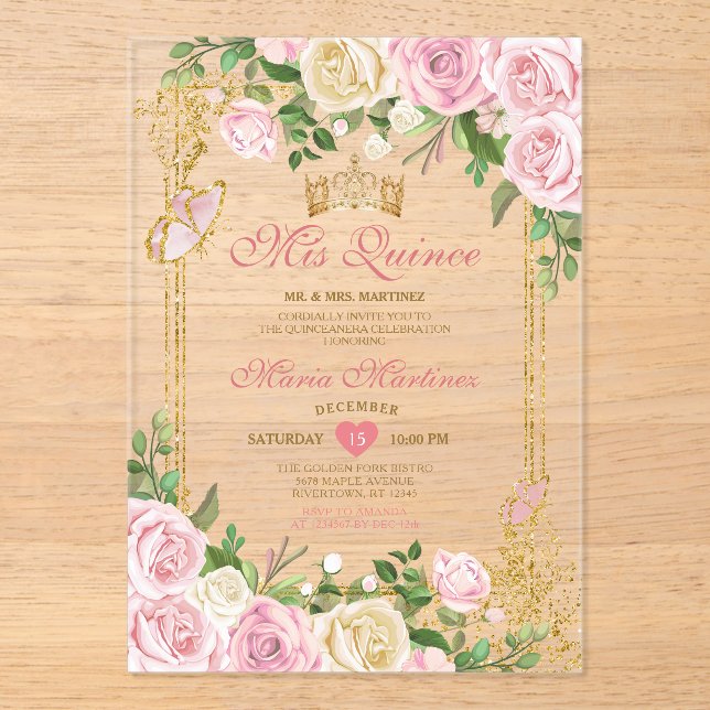  Soft Blush Pink Birthday Gold Crown Mis Quince Acrylic Invitations (Front)
