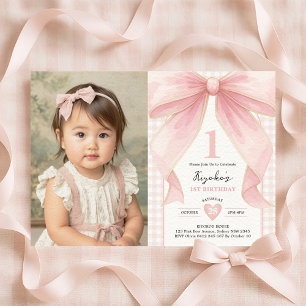 Soft Blush Pink Bow Coquette Theme 1st Birthday Invitation
