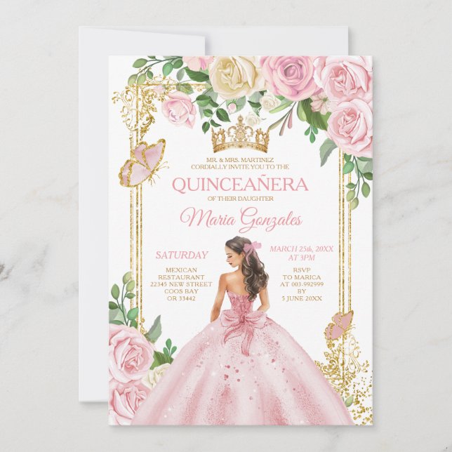 Soft Blush Pink Crown Princess Girl Quinceañera 15 Invitation (Front)