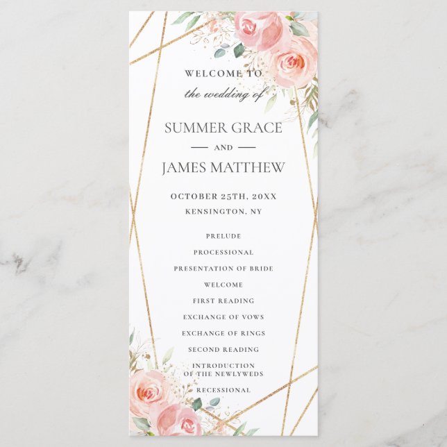 Soft Blush Pink Floral Geometric Wedding Program Programme (Front)