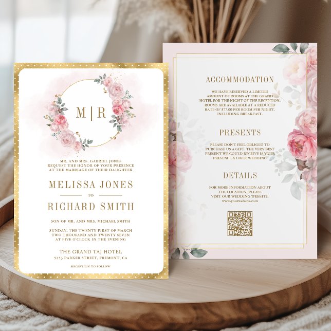 Soft Blush Pink Floral Gold All in One Wedding Invitation (Creator Uploaded)