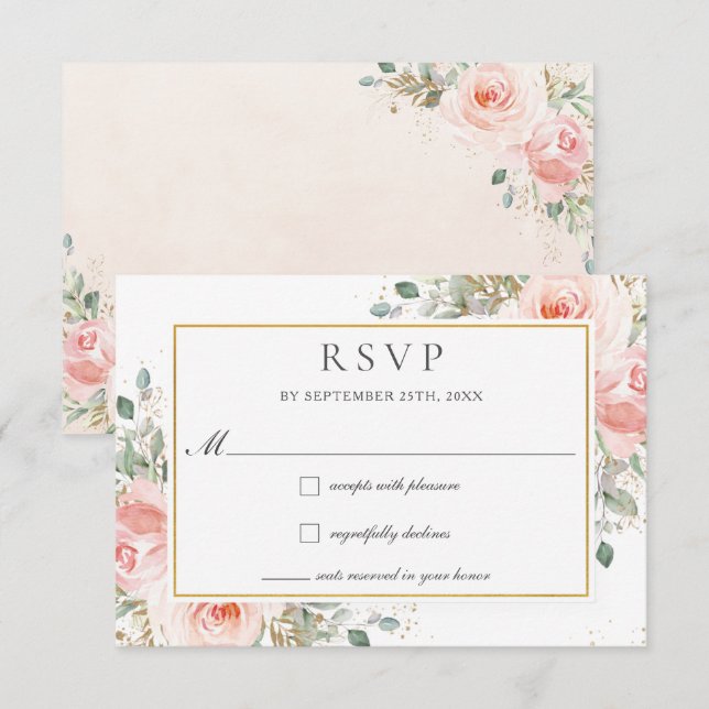 Soft Blush Pink Floral Gold Greenery Wedding   RSV RSVP Card (Front/Back)