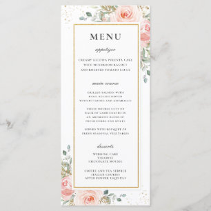 Soft Blush Pink Floral Gold Leafy Wedding Menu