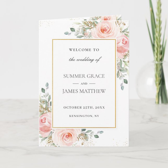 Soft Blush Pink Floral Gold Leafy Wedding Program Programme (Front)