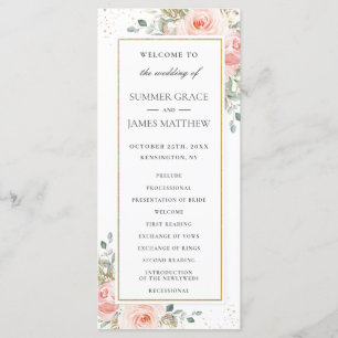 Soft Blush Pink Floral Gold Leafy Wedding Program Programme