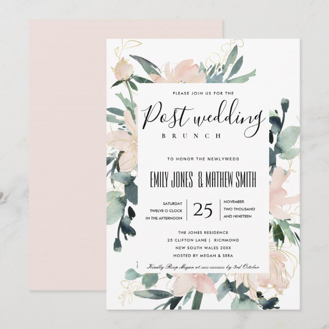 SOFT BLUSH PINK FLORAL GOLD POST WEDDING BRUNCH INVITATION (Front/Back)