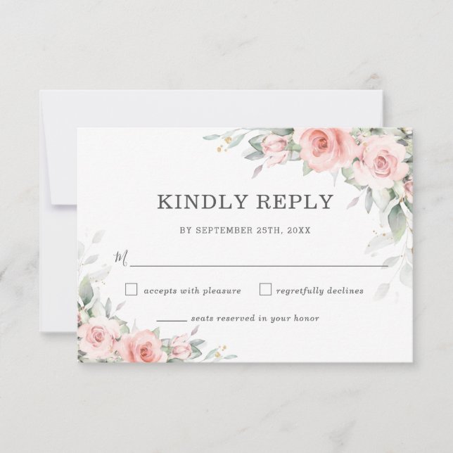 Soft Blush Pink Floral Greenery Wedding RSVP Card (Front)