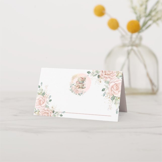 Soft Blush Pink Floral Roses High Tea Party  Place Card (Front)
