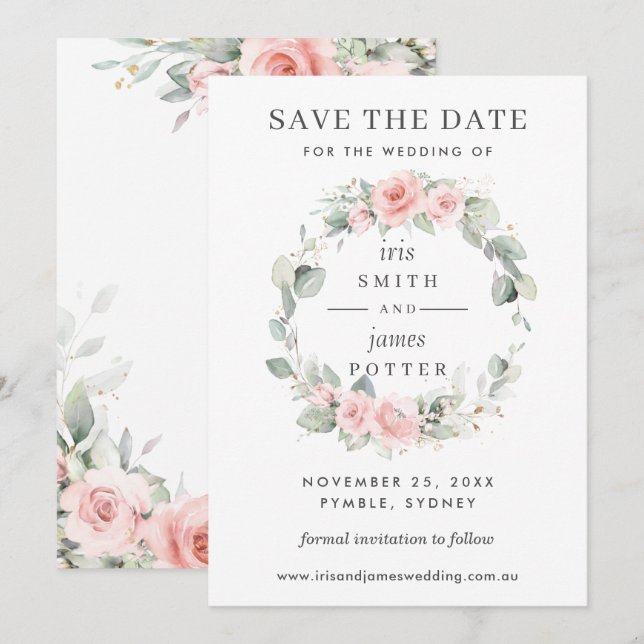 Soft Blush Pink Floral Wedding Save the Date Card (Front/Back)