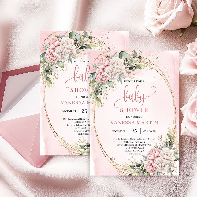 Soft Blush Pink Flowers Greenery Baby Shower Girl Invitation (Soft Blush Pink Flowers Greenery Baby Shower Girl)
