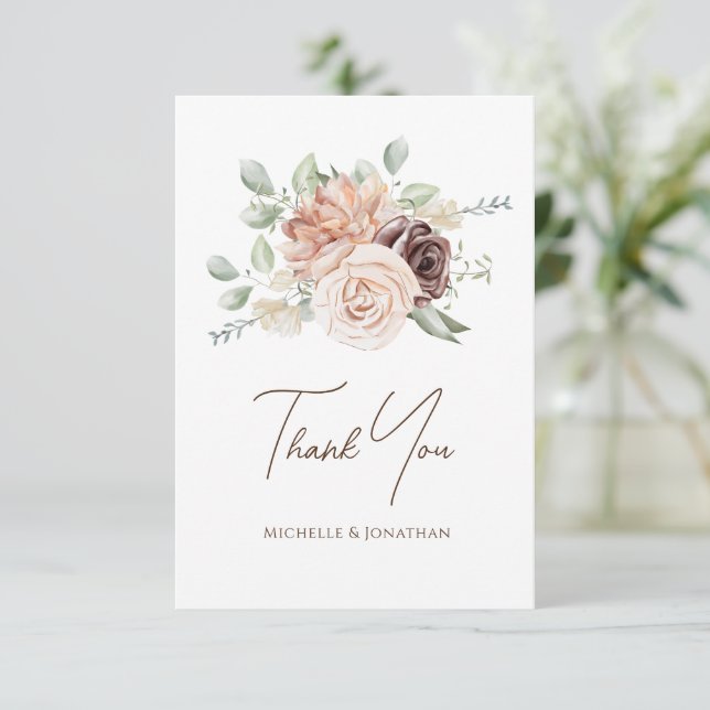 Soft Blush Pink Flowers Greenery Floral Wedding Thank You Card (Standing Front)