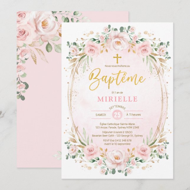 Soft Blush Pink Gold Floral Girl Baptism French Invitation (Front/Back)