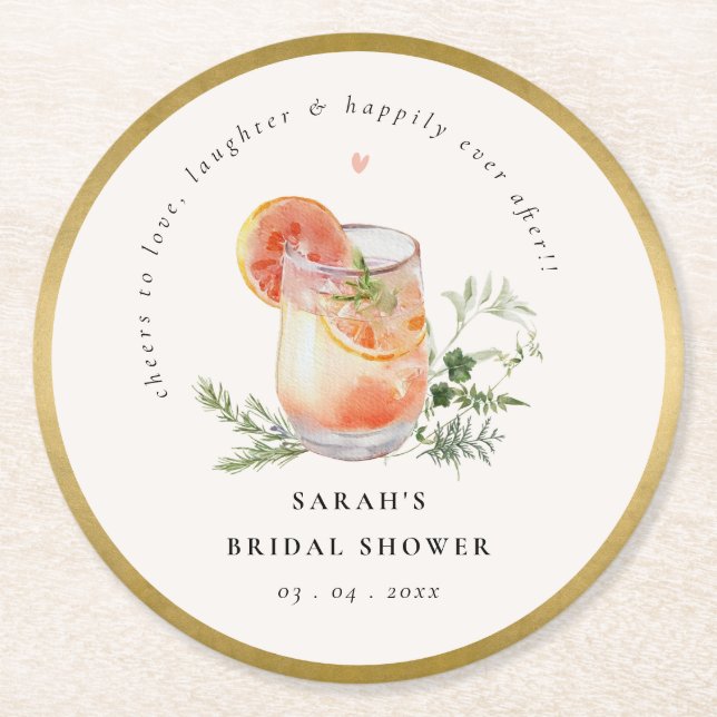 Soft Blush Pink Gold Orange Cocktail Bridal Shower Round Paper Coaster (Front)