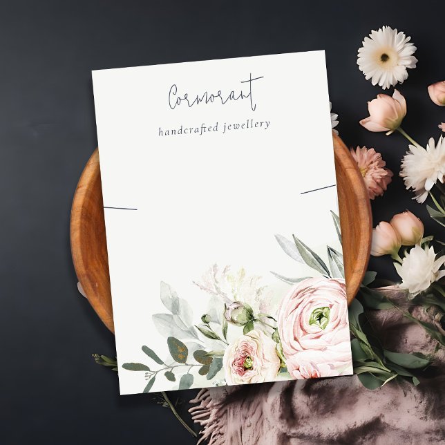 Soft Blush Pink Green Peony Floral Necklace Holder Business Card (Creator Uploaded)