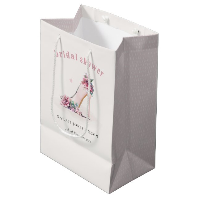 Soft Blush Pink High Heels Floral Bridal Shower Medium Gift Bag (Front Angled)