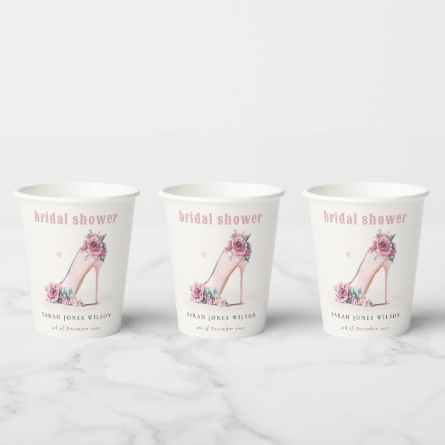 Soft Blush Pink High Heels Floral Bridal Shower Paper Cups (Multi)