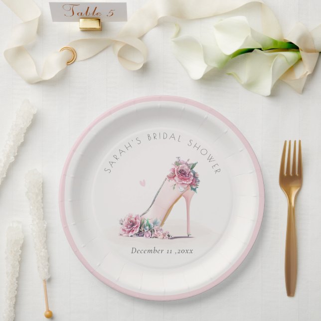 Soft Blush Pink High Heels Floral Bridal Shower Paper Plate (Wedding)