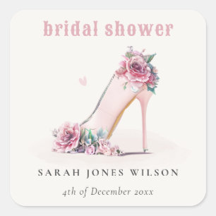 Soft Blush Pink High Heels Floral Bridal Shower Square Sticker