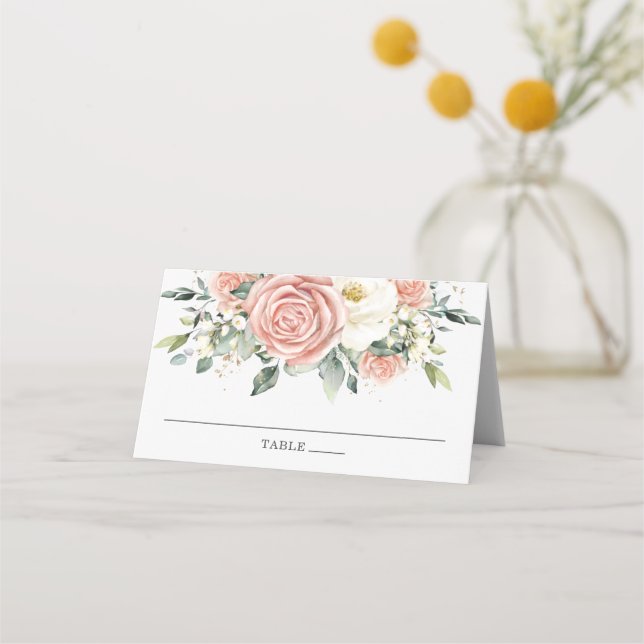 Soft Blush Pink Ivory Floral Wedding Bridal Shower Place Card (Front)