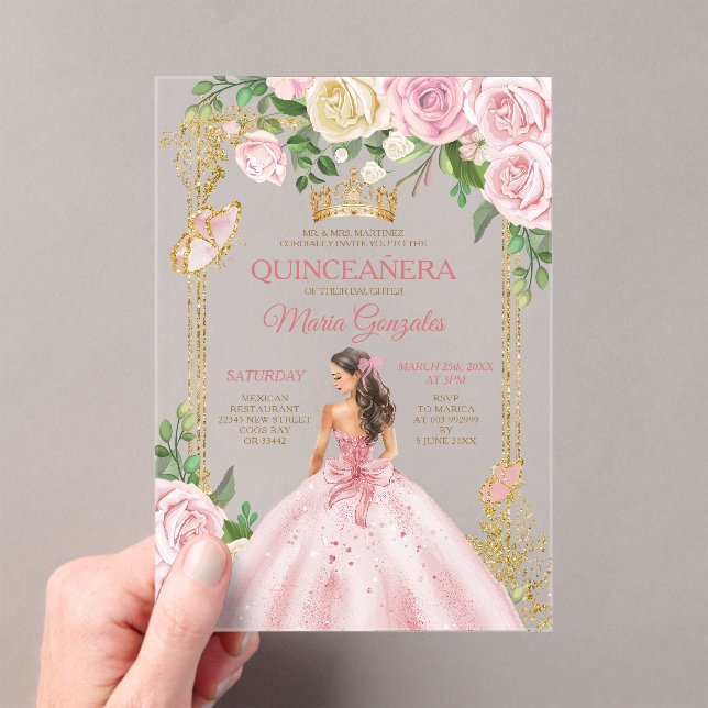 Soft Blush Pink Mis Quince Crown Gold Quinceañera Acrylic Invitations (Insitu (Handheld))