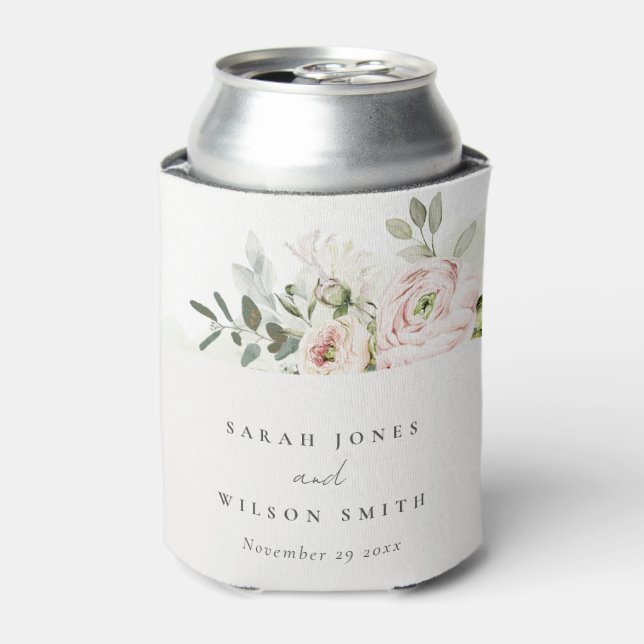 Soft Blush Pink Peonies Eucalyptus Foliage Wedding Can Cooler (Can Front)