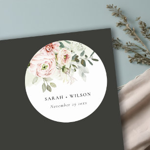 Soft Blush Pink Peonies Eucalyptus Foliage Wedding Classic Round Sticker